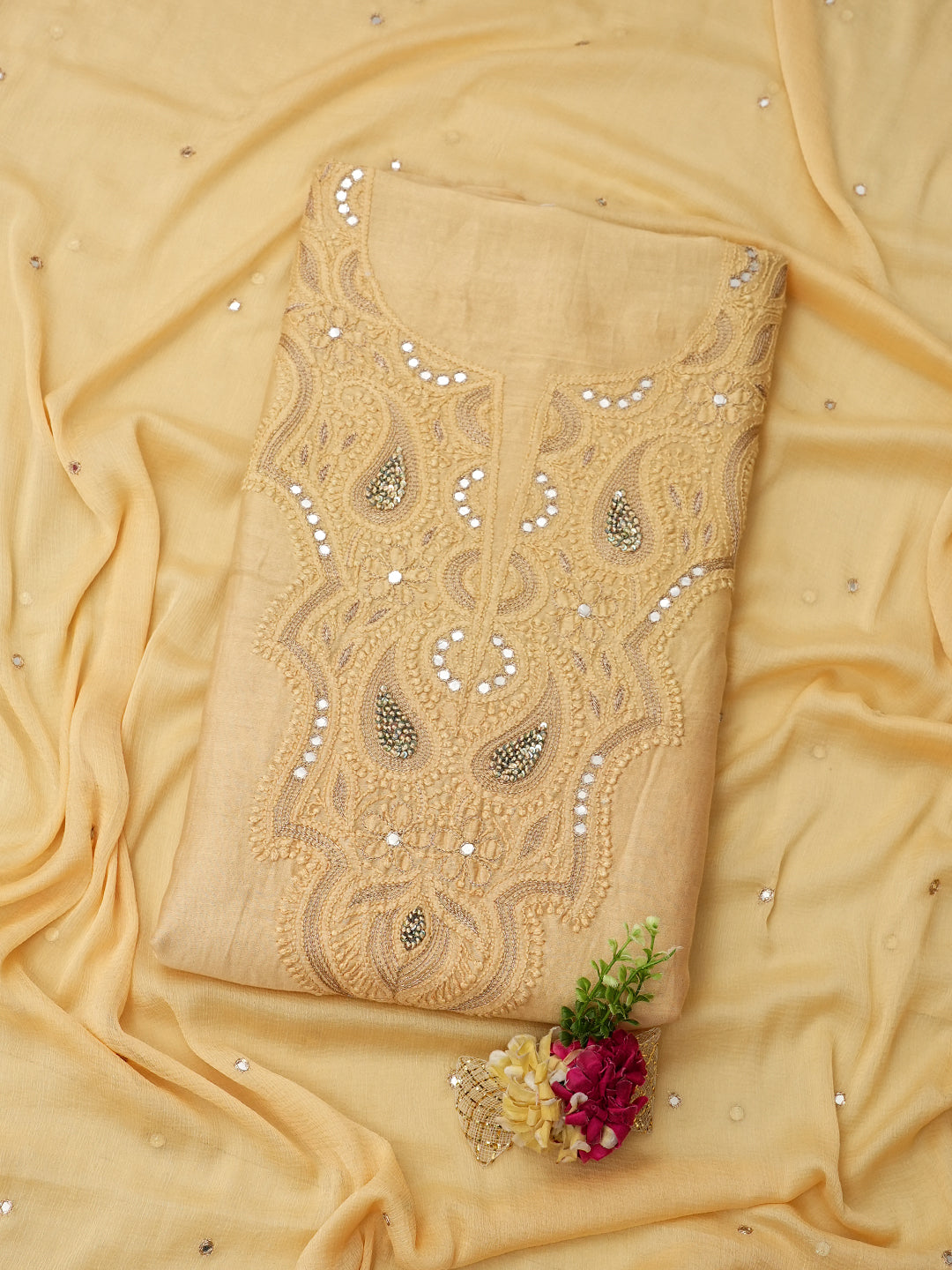 Ada Hand Embroidered Fawn Chanderi Lucknowi Chikankari Unstitched Kurta Dupatta With Zari Work A505511