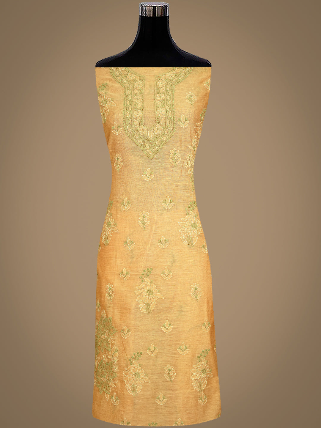 Ada Hand Embroidered Fawn Chanderi Lucknowi Chikankari Unstitched Kurta Dupatta set  01A999183