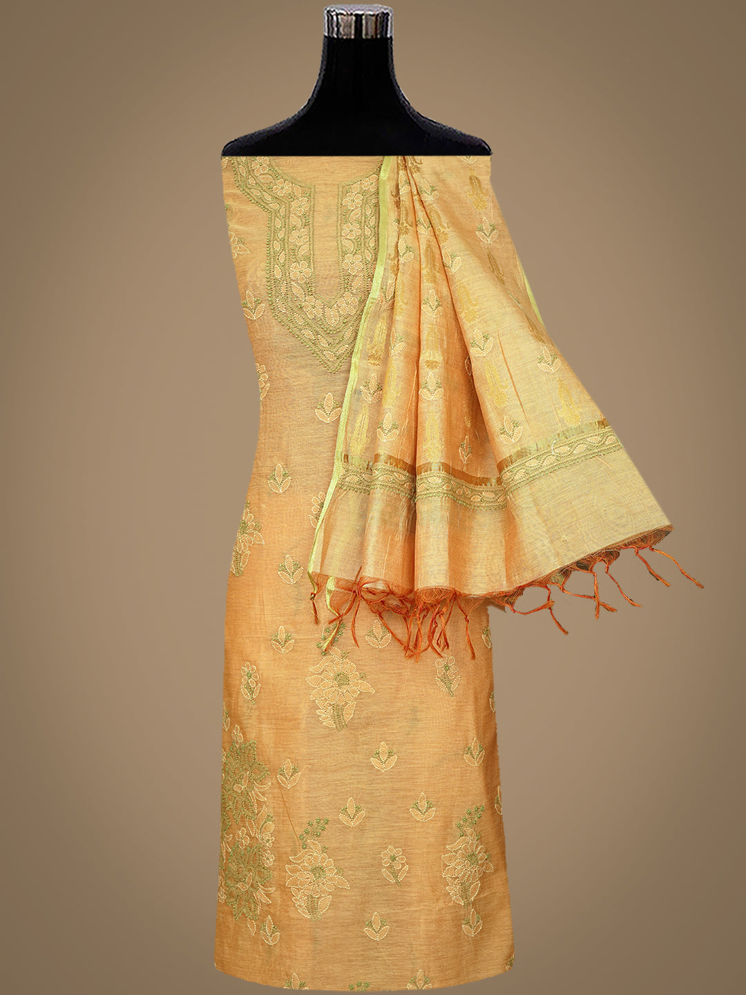 Ada Hand Embroidered Fawn Chanderi Lucknowi Chikankari Unstitched Kurta Dupatta set  01A999183