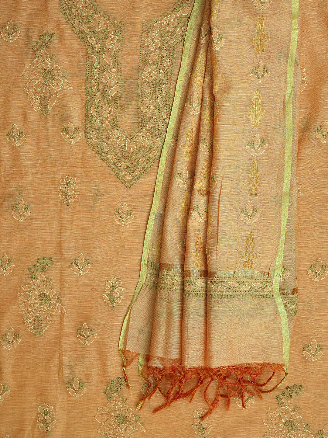 Ada Hand Embroidered Fawn Chanderi Lucknowi Chikankari Unstitched Kurta Dupatta set  01A999183