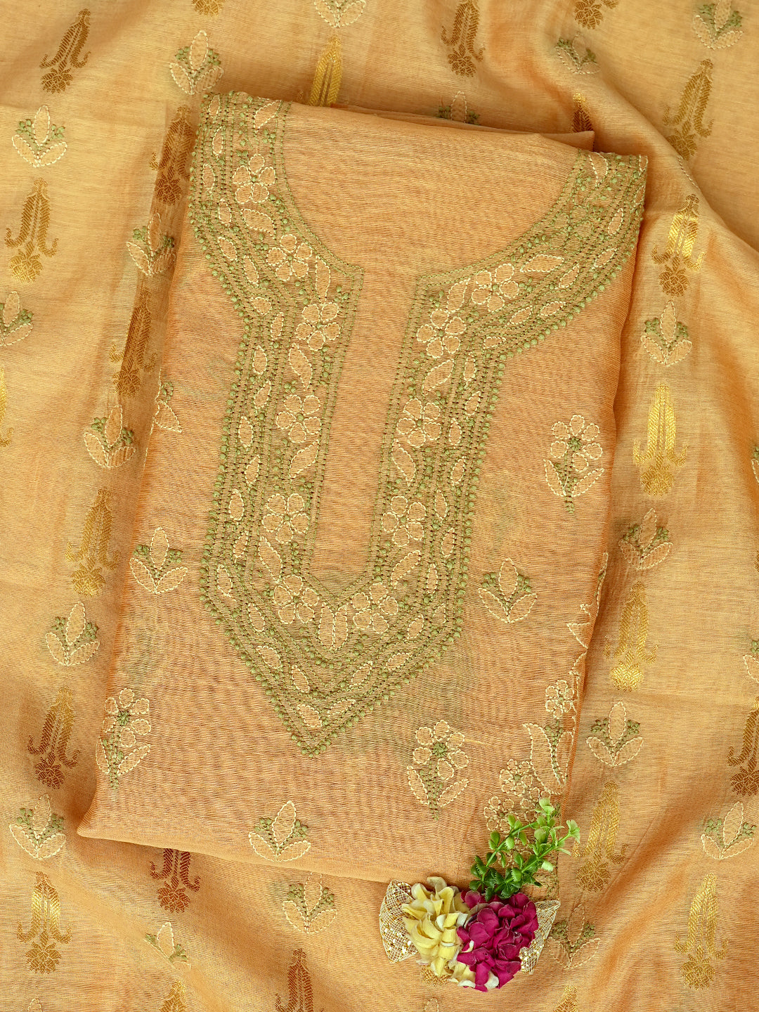 Ada Hand Embroidered Fawn Chanderi Lucknowi Chikankari Unstitched Kurta Dupatta set  01A999183