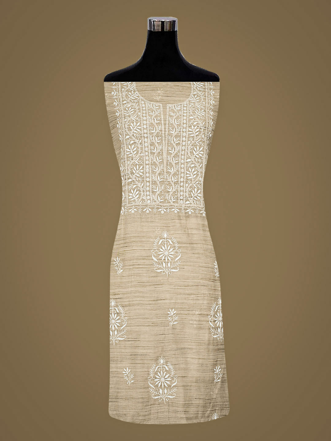 Ada Hand Embroidered Fawn Chanderi Unstitched Lucknowi Chikankari Kurta Dupatta Set 07A501026