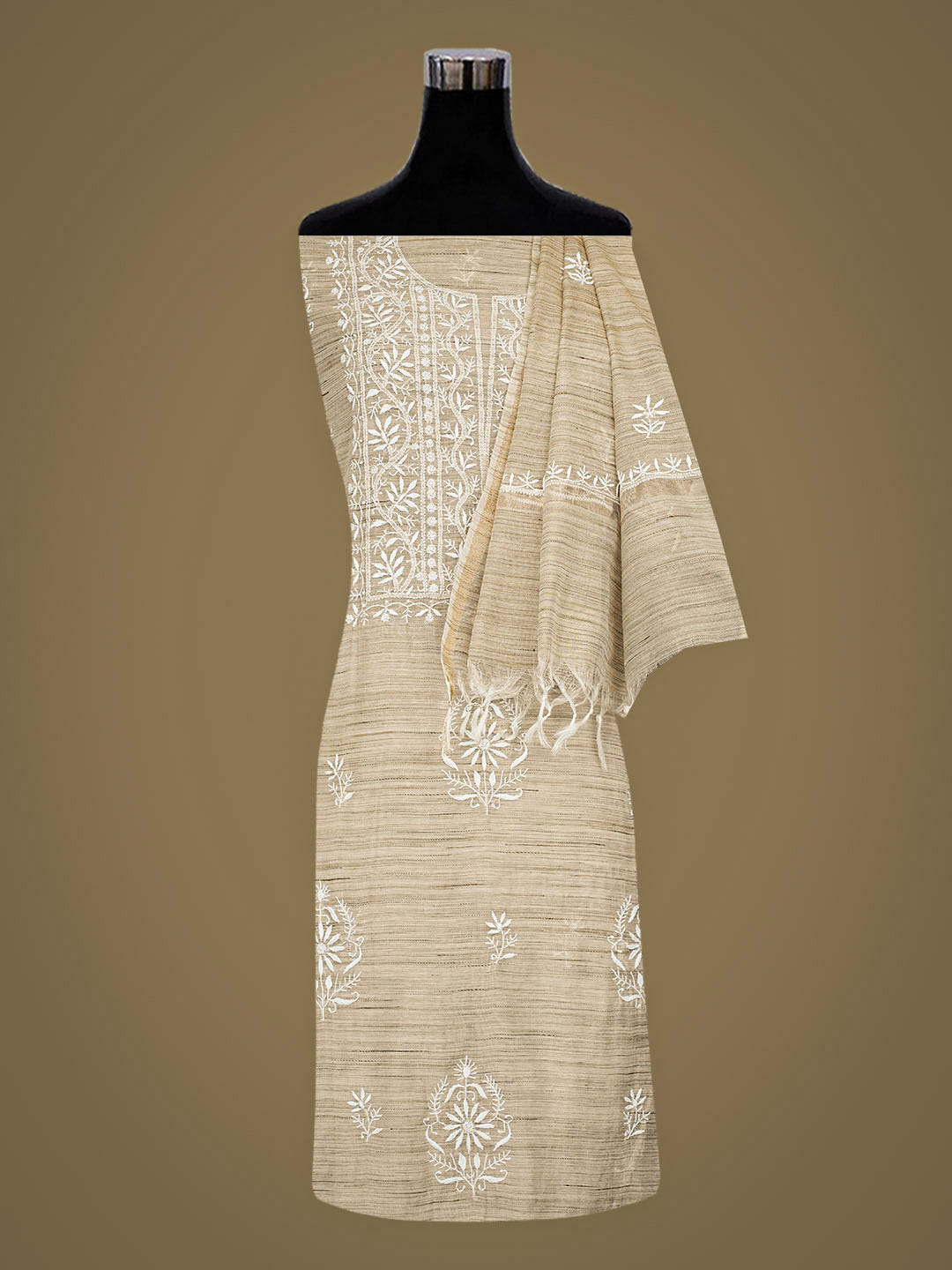Ada Hand Embroidered Fawn Chanderi Unstitched Lucknowi Chikankari Kurta Dupatta Set 07A501026