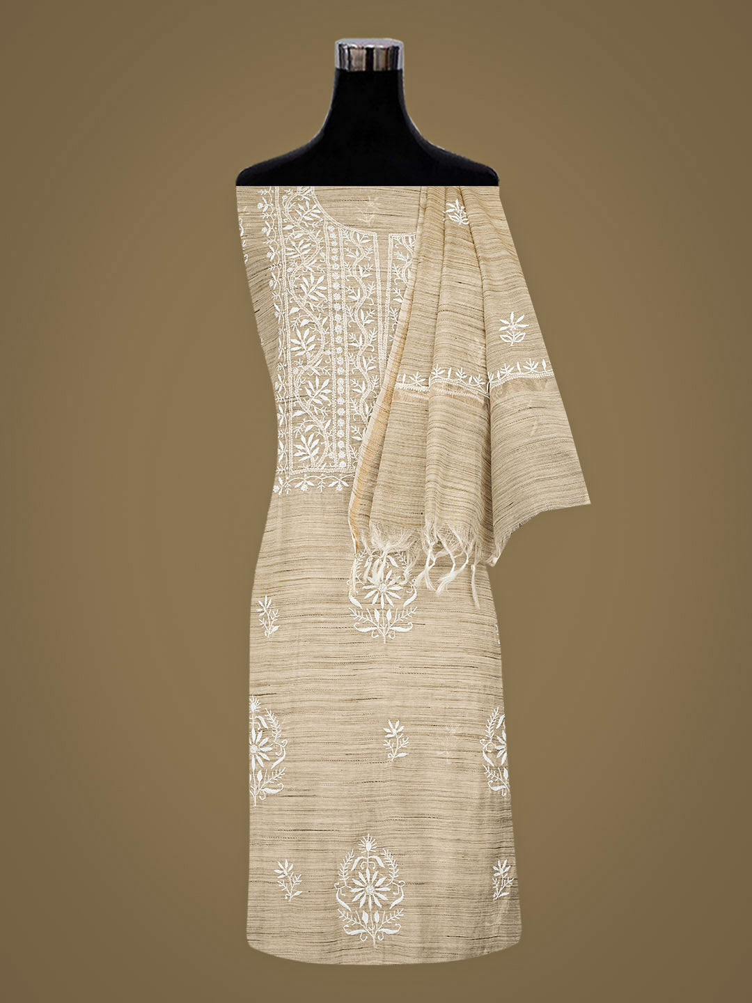 Ada Hand Embroidered Fawn Chanderi Unstitched Lucknowi Chikankari Kurta Dupatta Set 07A501026