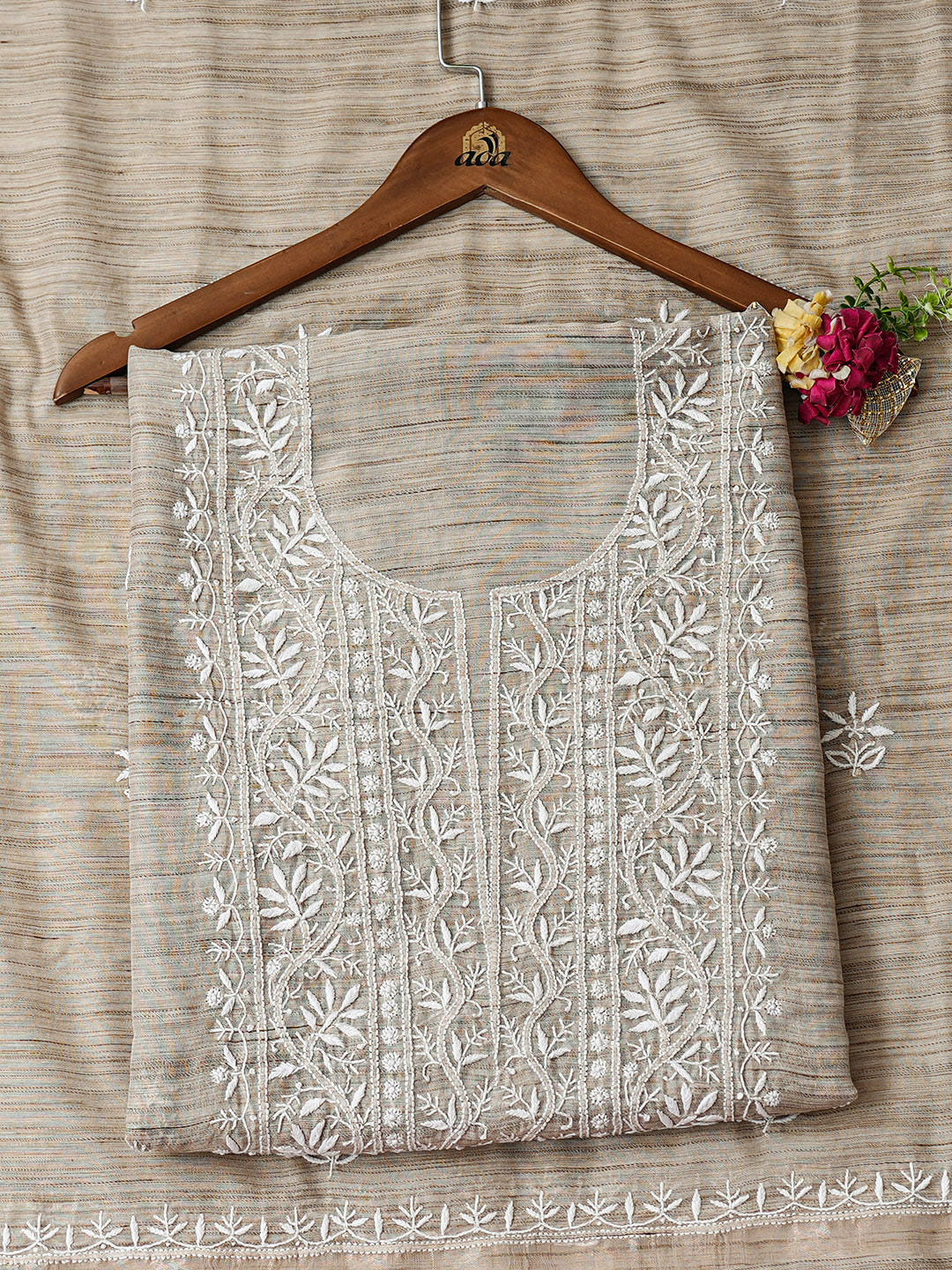 Ada Hand Embroidered Fawn Chanderi Unstitched Lucknowi Chikankari Kurta Dupatta Set 07A501026