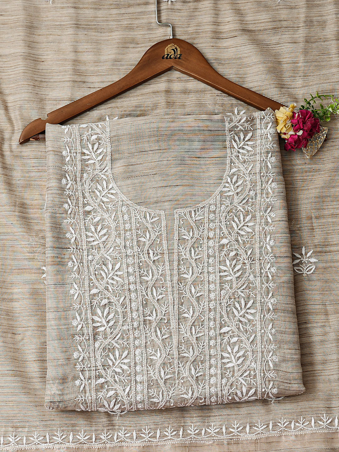 Ada Hand Embroidered Fawn Chanderi Unstitched Lucknowi Chikankari Kurta Dupatta Set 07A501026