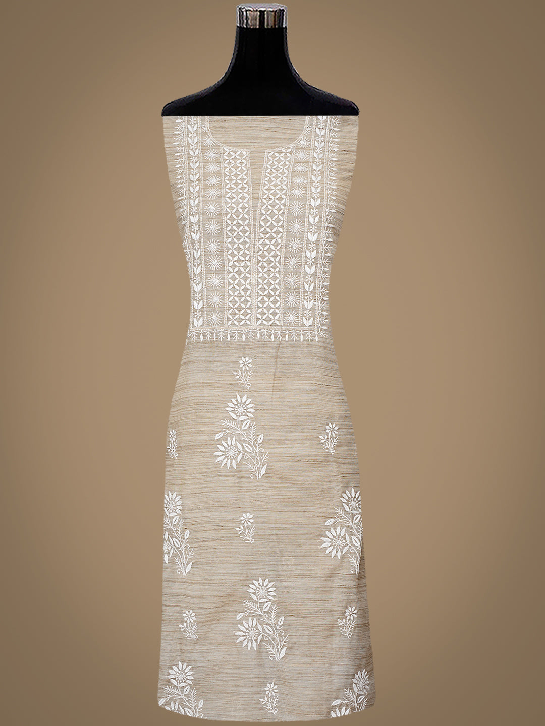 Ada Hand Embroidered Fawn Chanderi Unstitched Lucknowi Chikankari Kurta Dupatta Set 07A501038