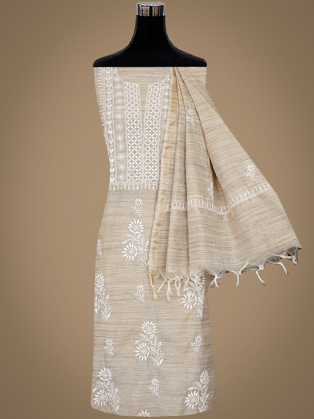 Ada Hand Embroidered Fawn Chanderi Unstitched Lucknowi Chikankari Kurta Dupatta Set 07A501038