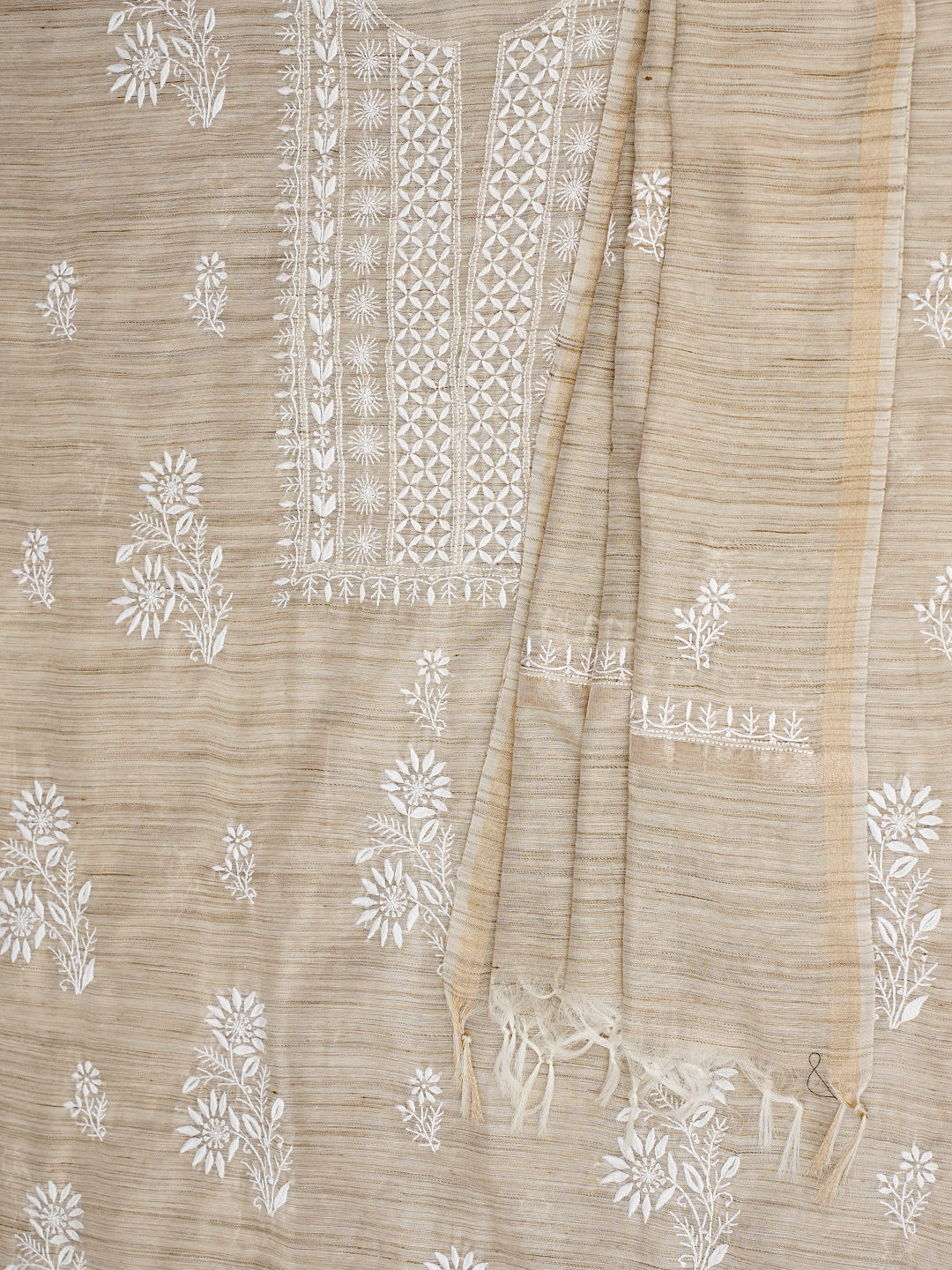 Ada Hand Embroidered Fawn Chanderi Unstitched Lucknowi Chikankari Kurta Dupatta Set 07A501038