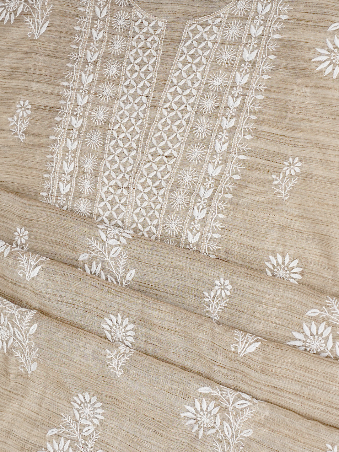 Ada Hand Embroidered Fawn Chanderi Unstitched Lucknowi Chikankari Kurta Dupatta Set 07A501038