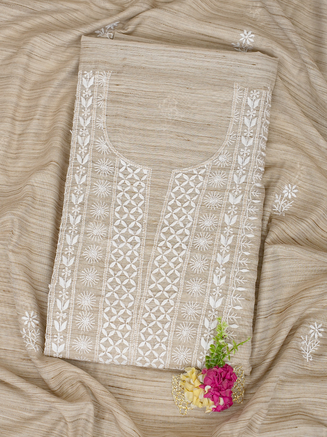 Ada Hand Embroidered Fawn Chanderi Unstitched Lucknowi Chikankari Kurta Dupatta Set 07A501038