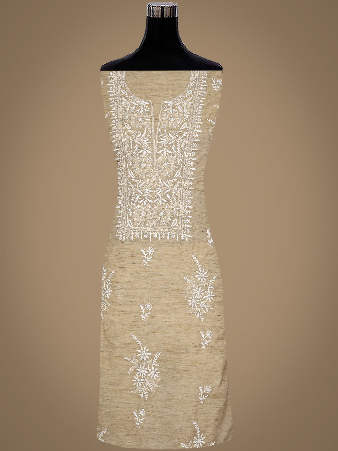 Ada Hand Embroidered Fawn Chanderi Unstitched Lucknowi Chikankari Kurta Dupatta Set 07A501702