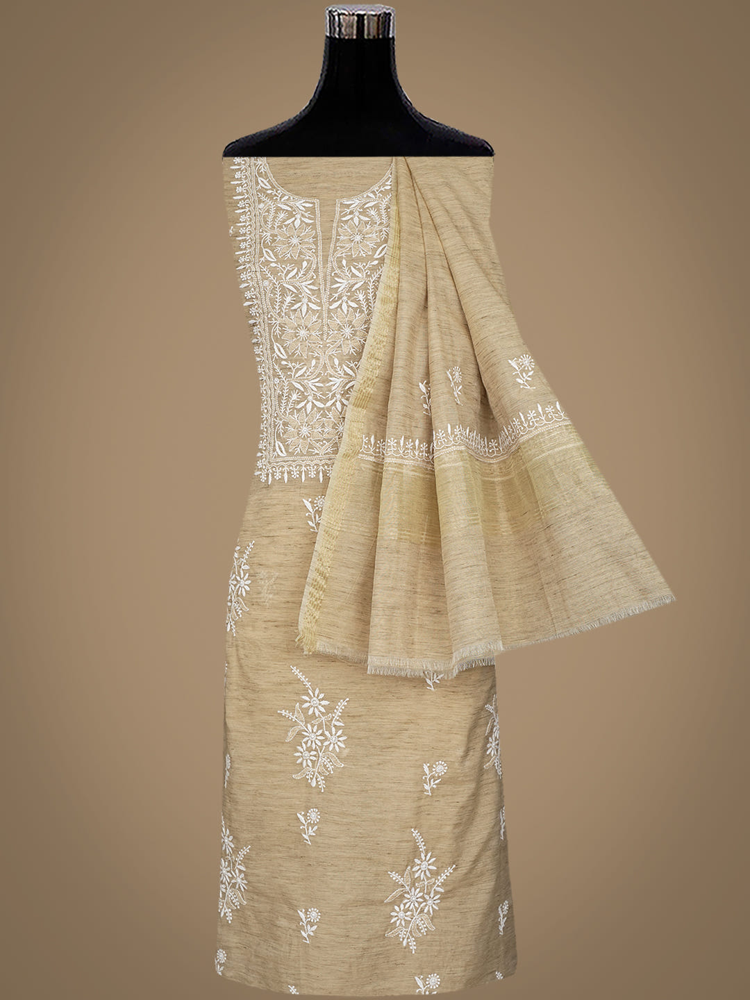Ada Hand Embroidered Fawn Chanderi Unstitched Lucknowi Chikankari Kurta Dupatta Set 07A501702