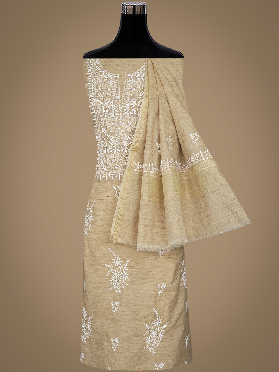 Ada Hand Embroidered Fawn Chanderi Unstitched Lucknowi Chikankari Kurta Dupatta Set 07A501702