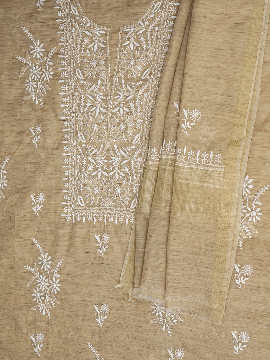 Ada Hand Embroidered Fawn Chanderi Unstitched Lucknowi Chikankari Kurta Dupatta Set 07A501702