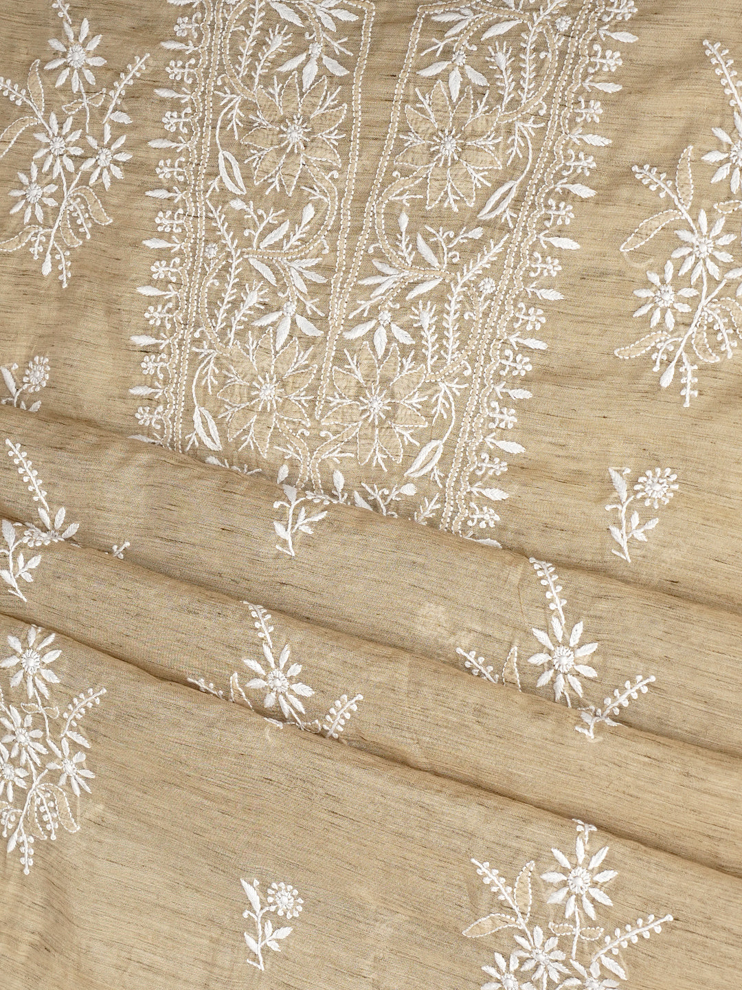 Ada Hand Embroidered Fawn Chanderi Unstitched Lucknowi Chikankari Kurta Dupatta Set 07A501702
