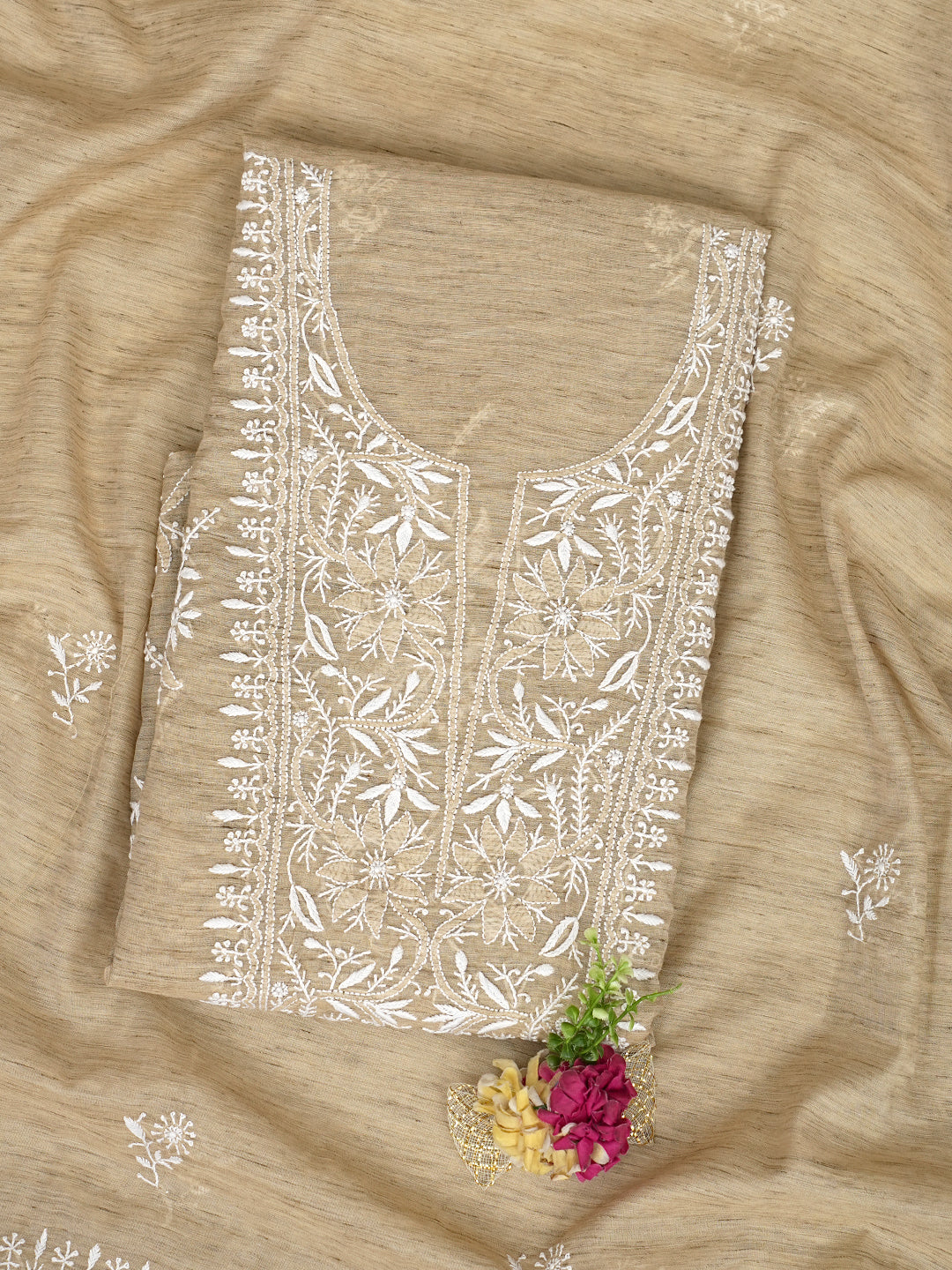 Ada Hand Embroidered Fawn Chanderi Unstitched Lucknowi Chikankari Kurta Dupatta Set 07A501702