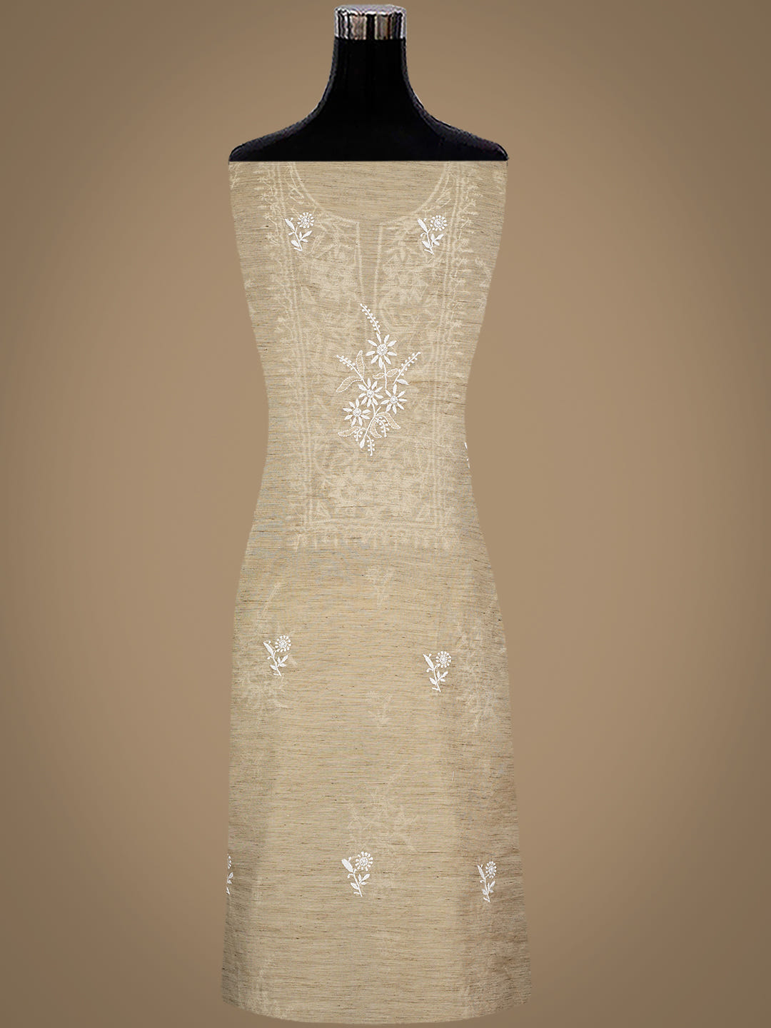 Ada Hand Embroidered Fawn Chanderi Unstitched Lucknowi Chikankari Kurta Dupatta Set 07A501702