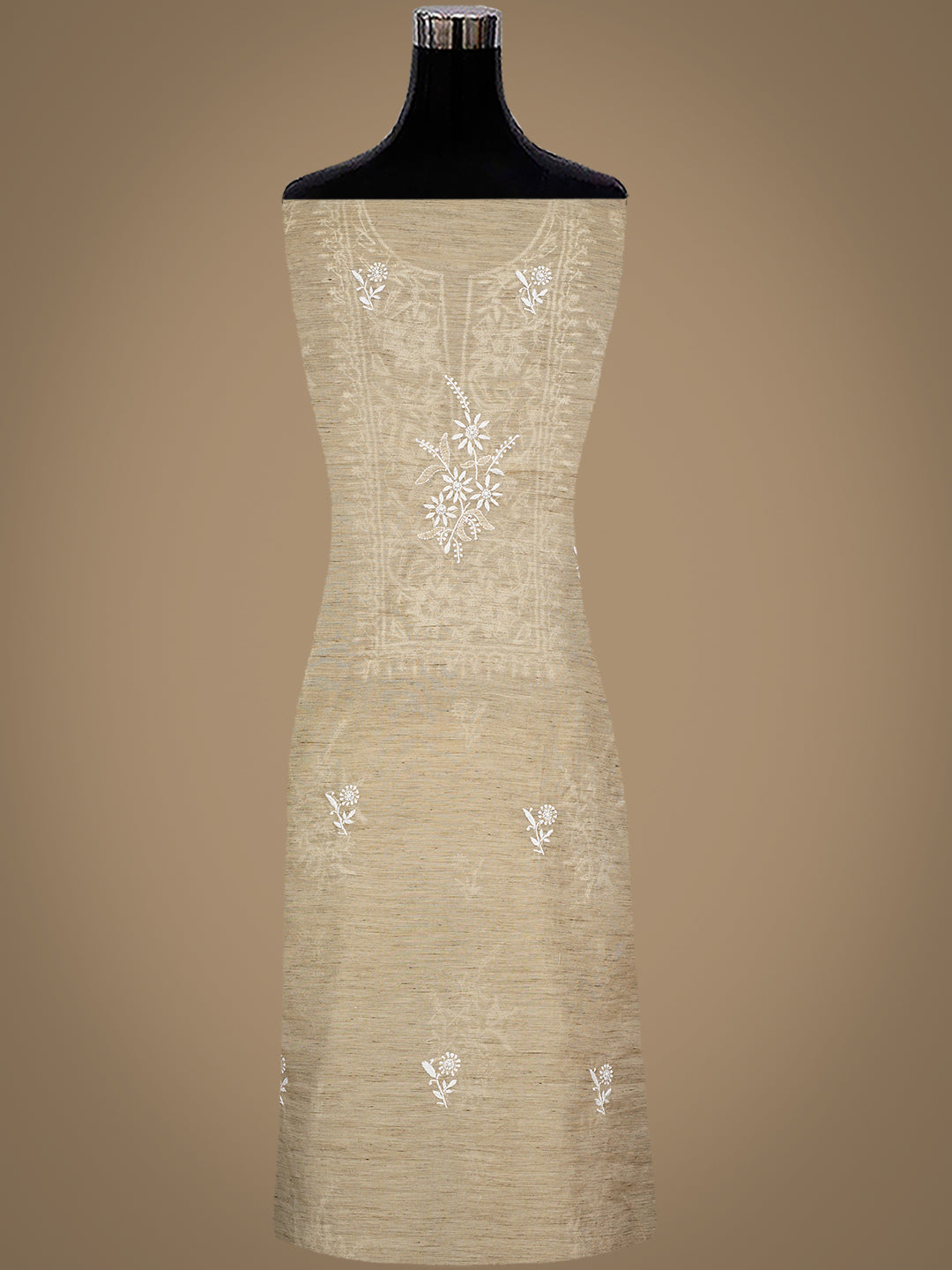 Ada Hand Embroidered Fawn Chanderi Unstitched Lucknowi Chikankari Kurta Dupatta Set 07A501702