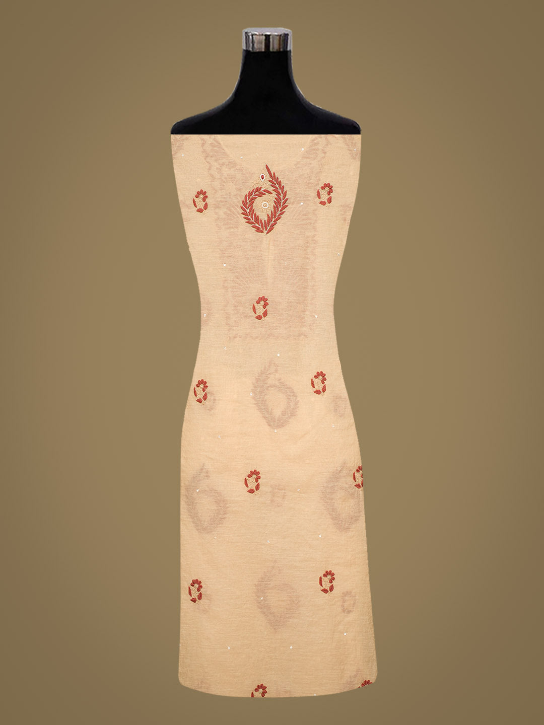 Ada Hand Embroidered Fawn Chanderi Unstitched Lucknowi Chikankari Kurta Dupatta Set With Pearl Work 01A975430