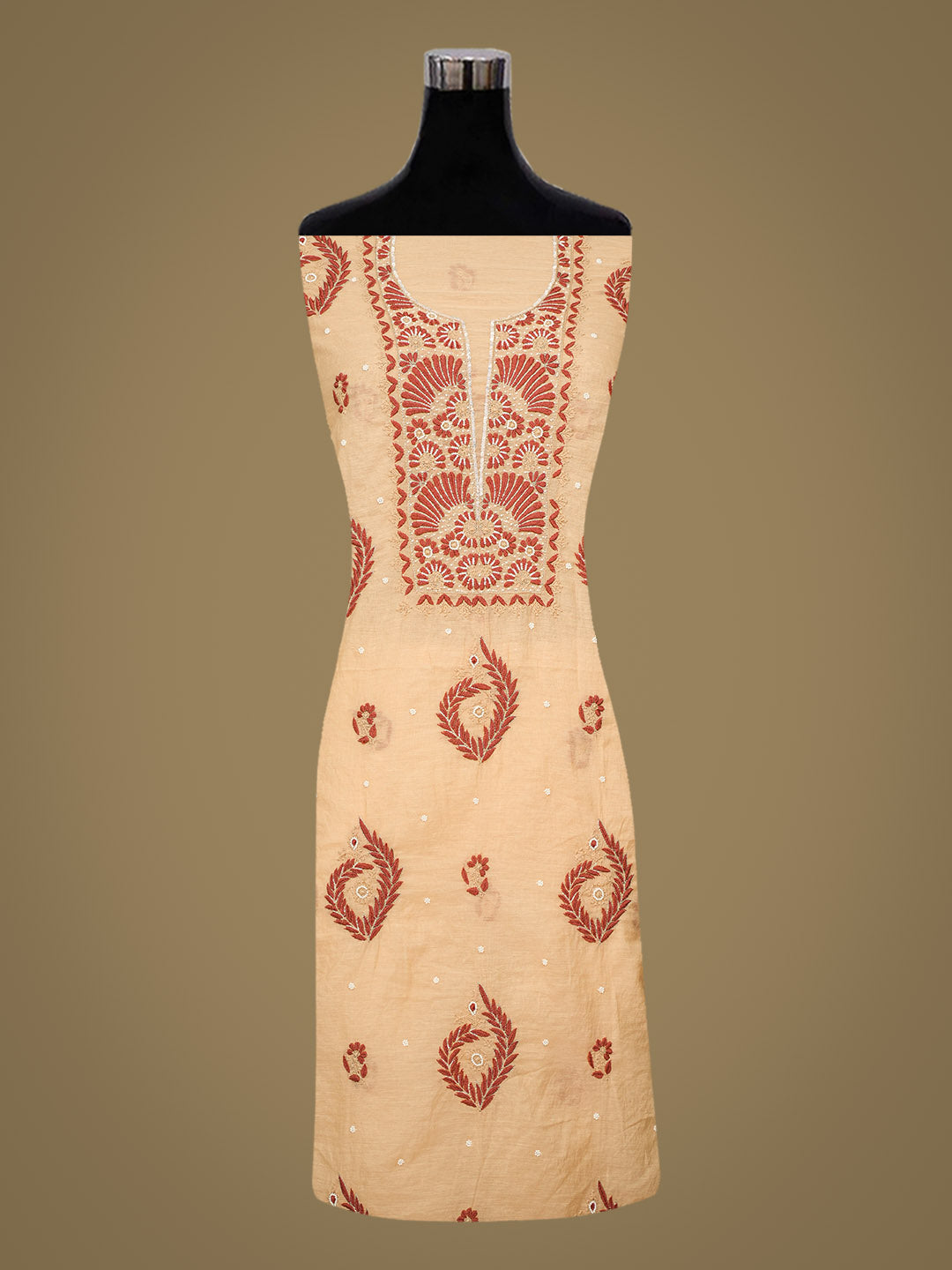 Ada Hand Embroidered Fawn Chanderi Unstitched Lucknowi Chikankari Kurta Dupatta Set With Pearl Work 01A975430