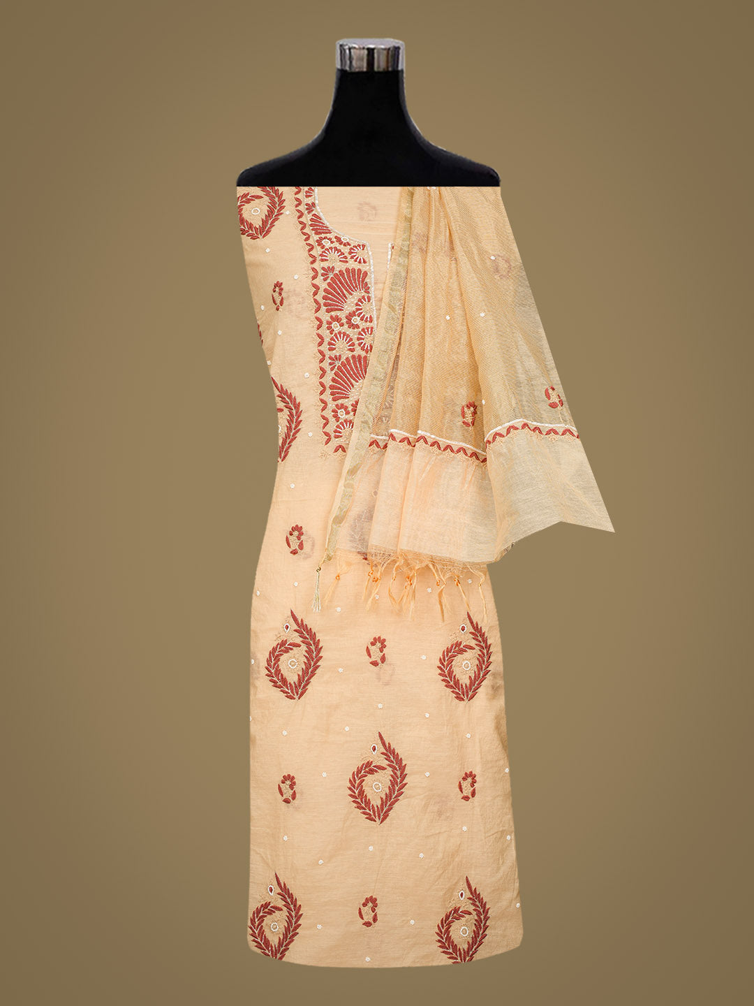 Ada Hand Embroidered Fawn Chanderi Unstitched Lucknowi Chikankari Kurta Dupatta Set With Pearl Work 01A975430