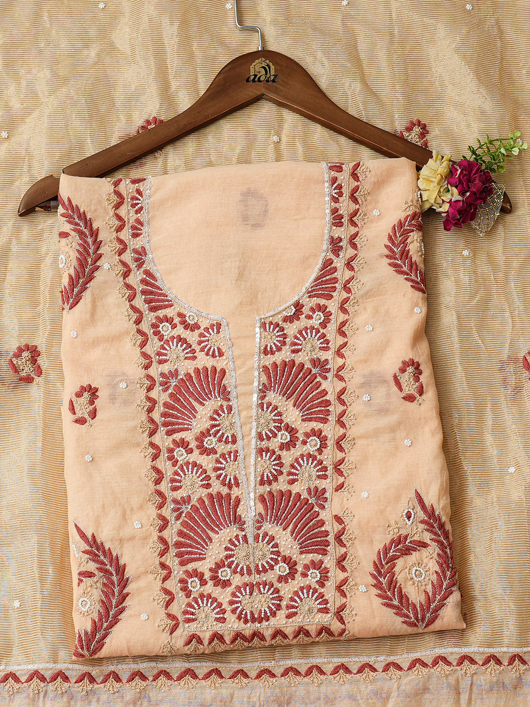 Ada Hand Embroidered Fawn Chanderi Unstitched Lucknowi Chikankari Kurta Dupatta Set With Pearl Work 01A975430