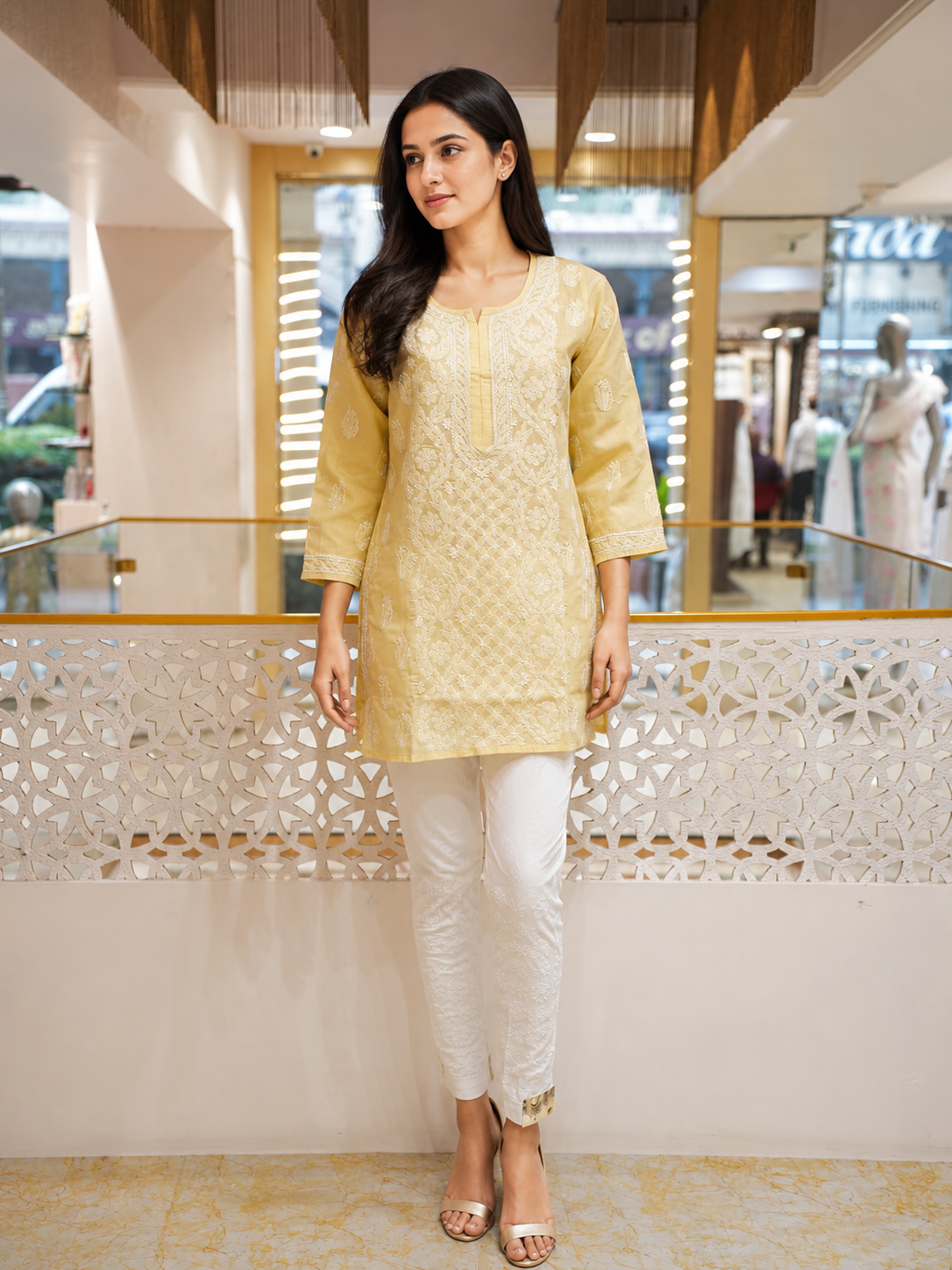 Ada Hand Embroidered Fawn Cotton Lucknowi Chikankari Short Kurti A911600_4