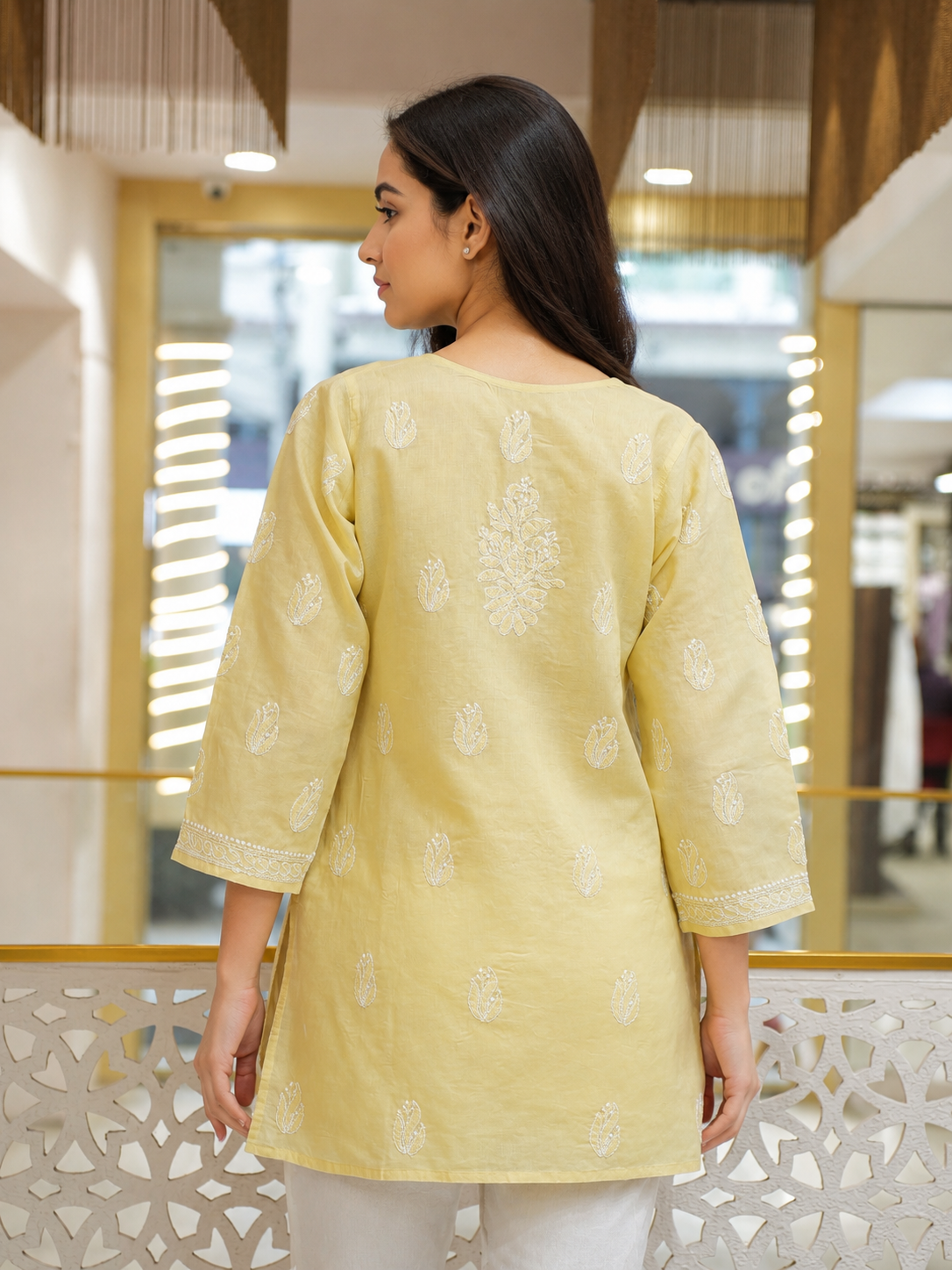 Ada Hand Embroidered Fawn Cotton Lucknowi Chikankari Short Kurti A911600_5