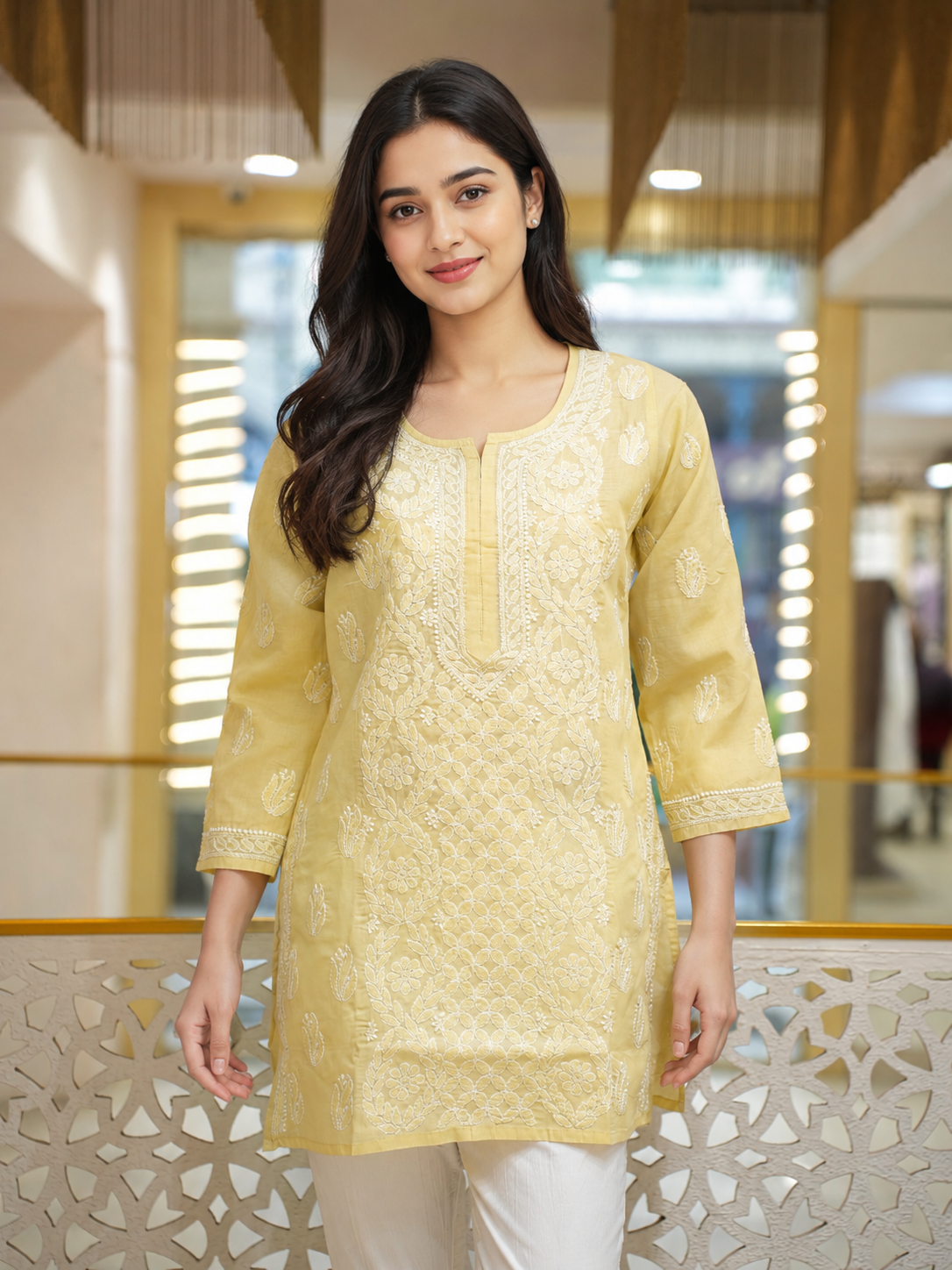 Ada Hand Embroidered Fawn Cotton Lucknowi Chikankari Short Kurti A911600_1