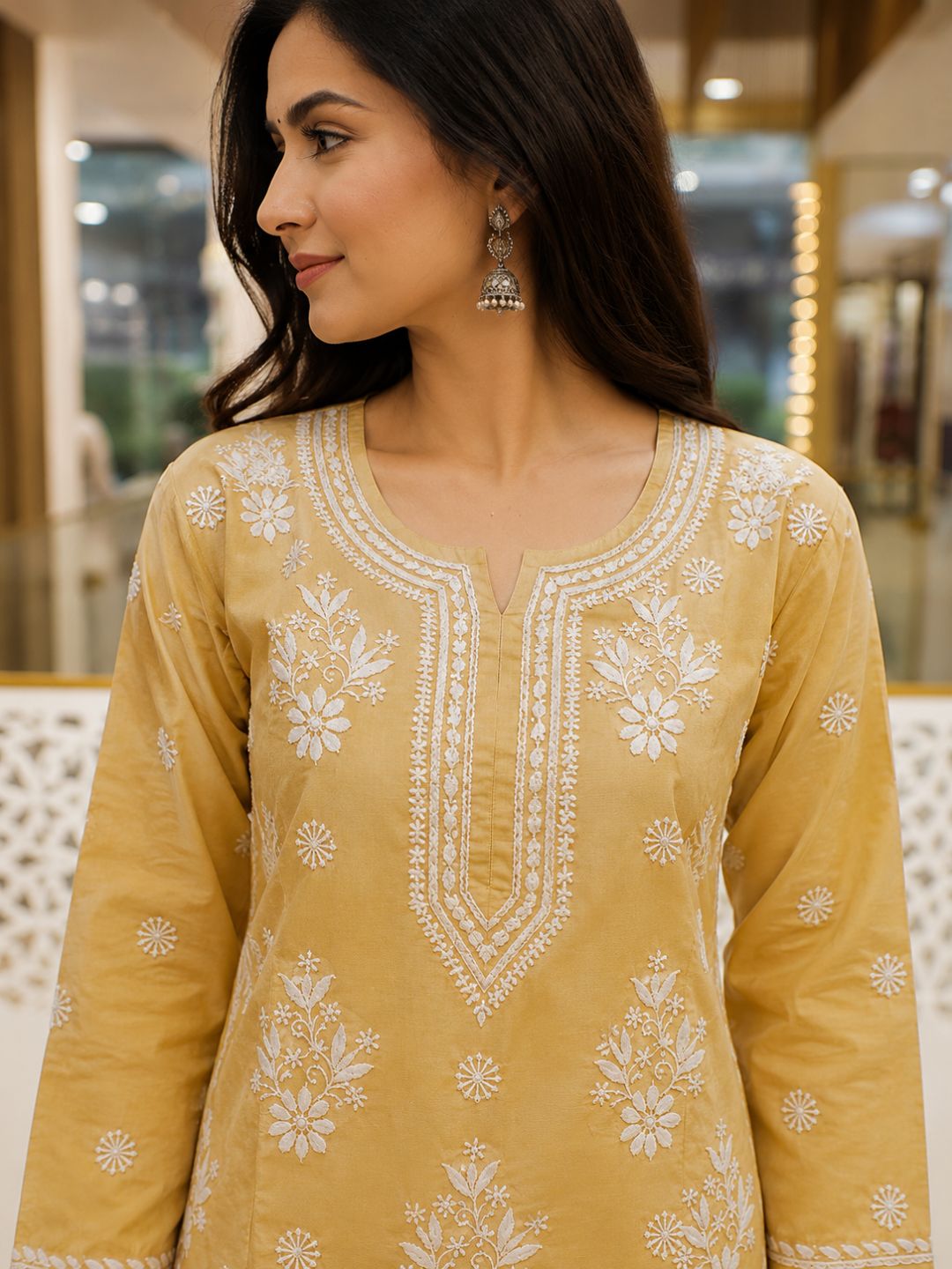 Ada Hand Embroidered Fawn Cotton Lucknowi Chikankari Straight Kurta A011134