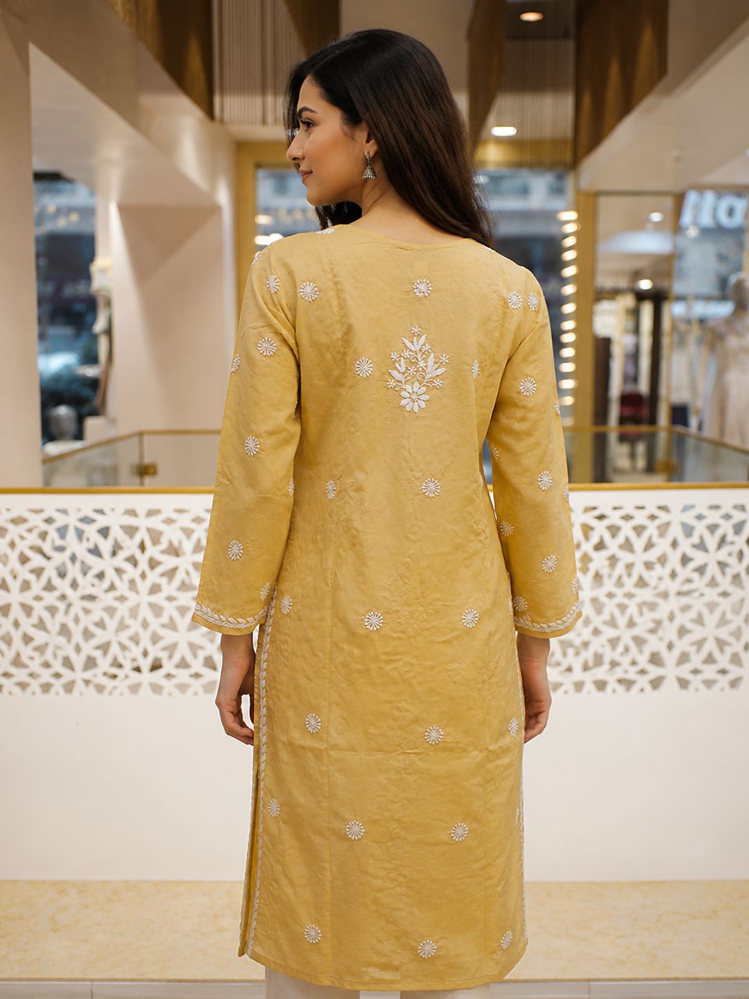 Ada Hand Embroidered Fawn Cotton Lucknowi Chikankari Straight Kurta A011134