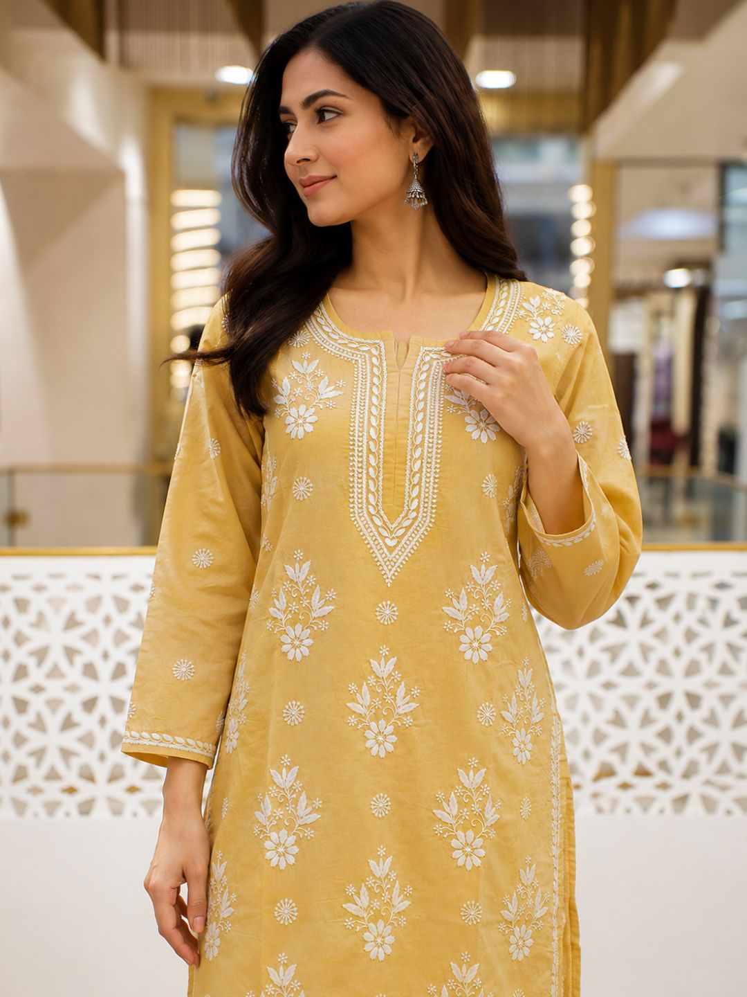 Ada Hand Embroidered Fawn Cotton Lucknowi Chikankari Straight Kurta A011134