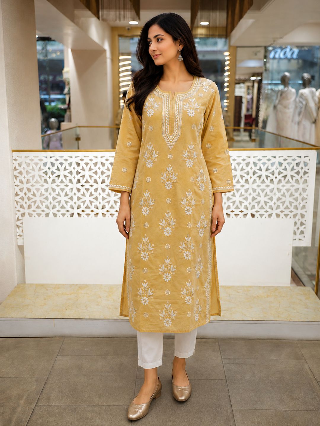 Ada Hand Embroidered Fawn Cotton Lucknowi Chikankari Straight Kurta A011134