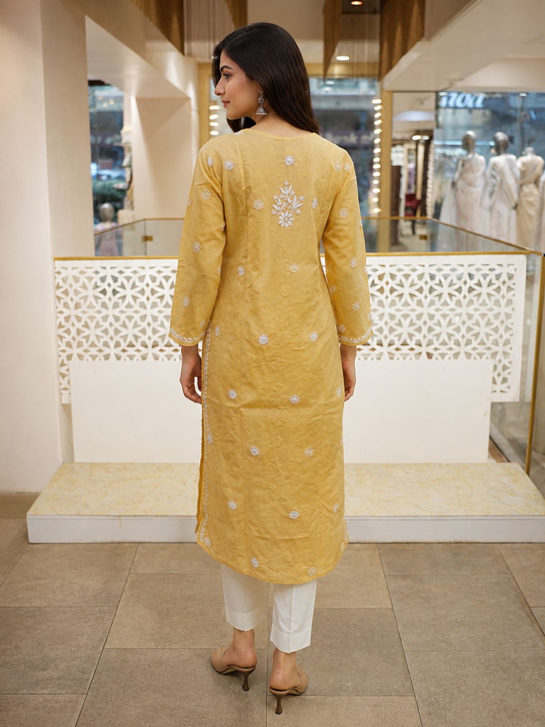 Ada Hand Embroidered Fawn Cotton Lucknowi Chikankari Straight Kurta A011134