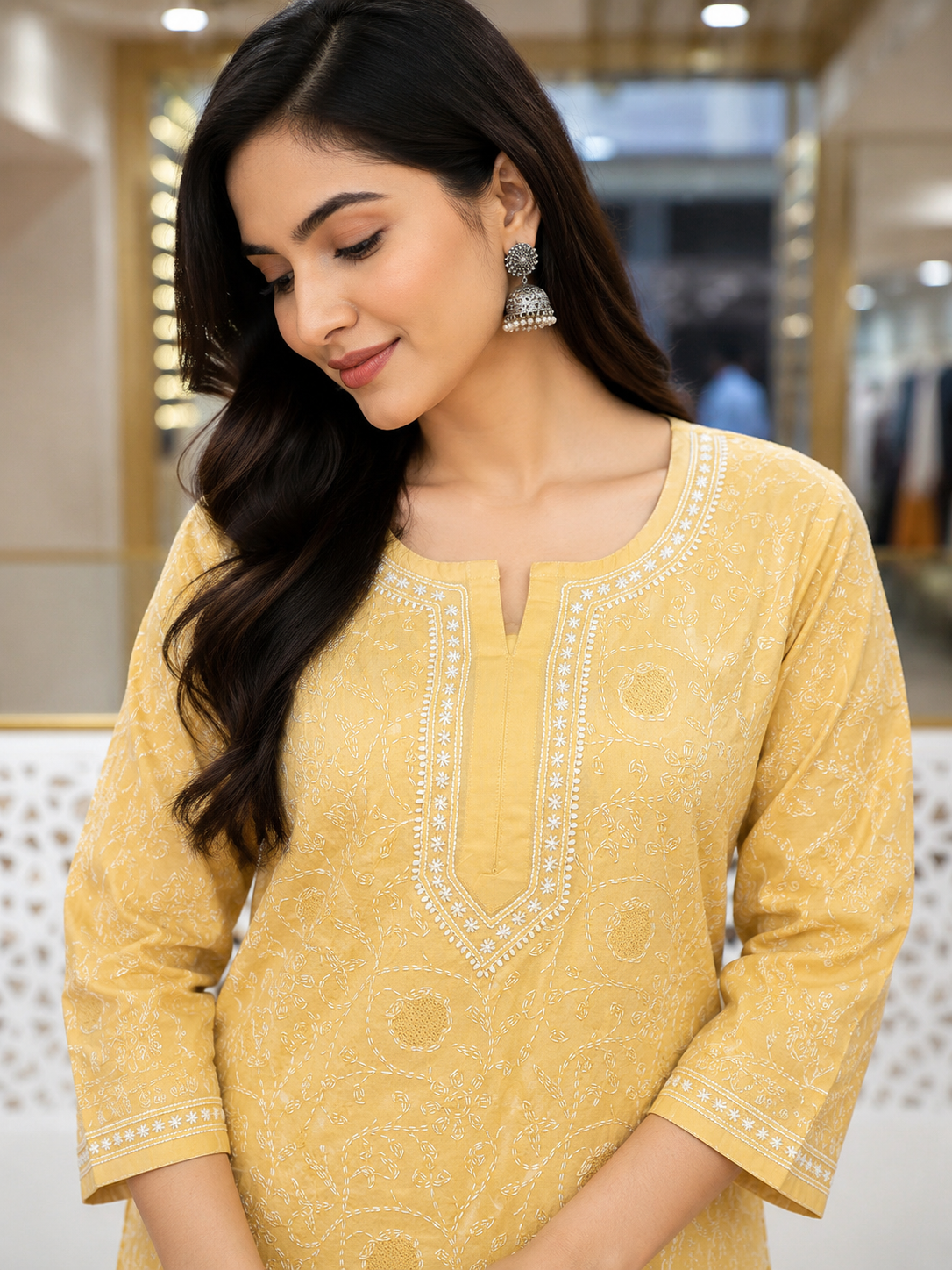 Ada Hand Embroidered Fawn Cotton Lucknowi Chikankari Straight Kurta A011138