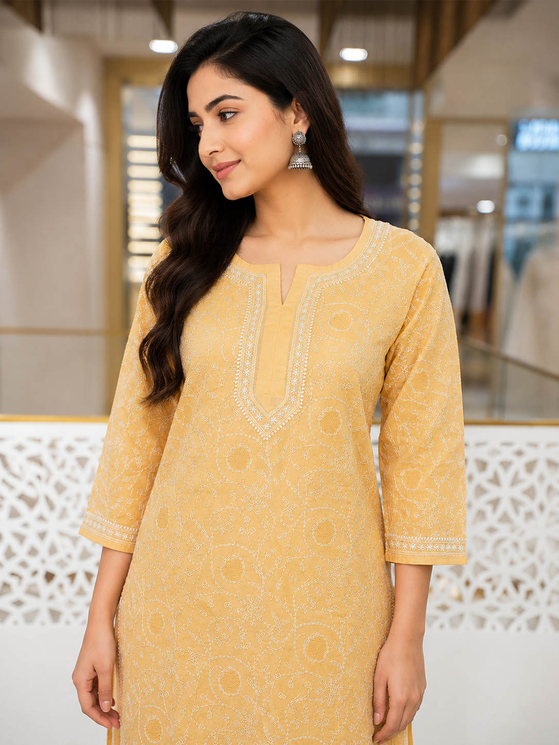 Ada Hand Embroidered Fawn Cotton Lucknowi Chikankari Straight Kurta A011138