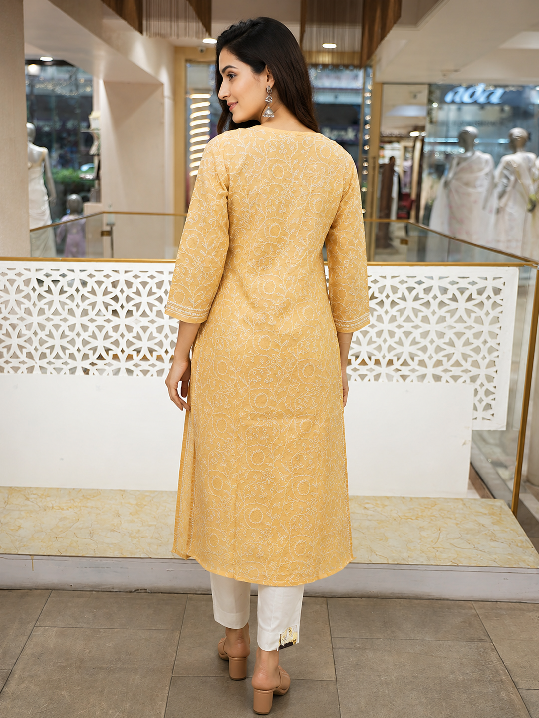 Ada Hand Embroidered Fawn Cotton Lucknowi Chikankari Straight Kurta A011138
