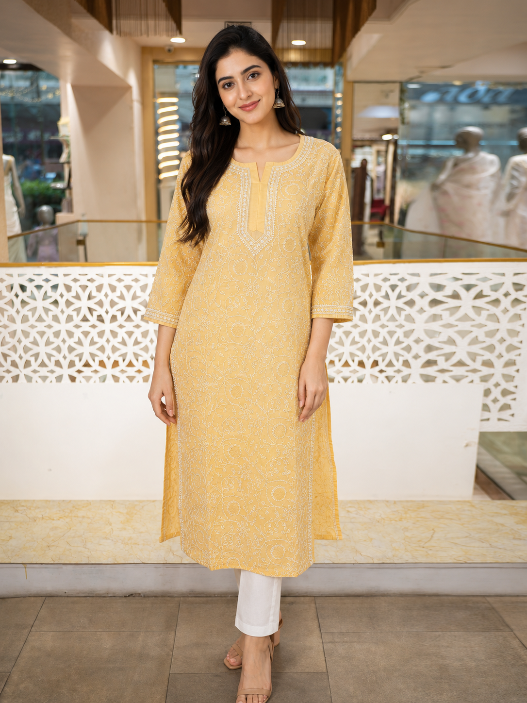 Ada Hand Embroidered Fawn Cotton Lucknowi Chikankari Straight Kurta A011138