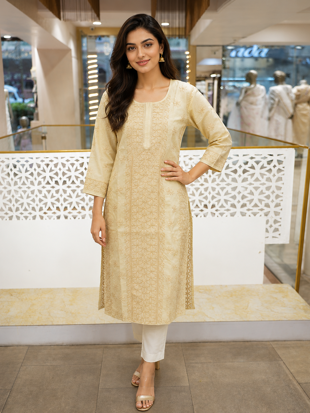 Ada Hand Embroidered Fawn Cotton Lucknowi Chikankari Straight Kurta A011143