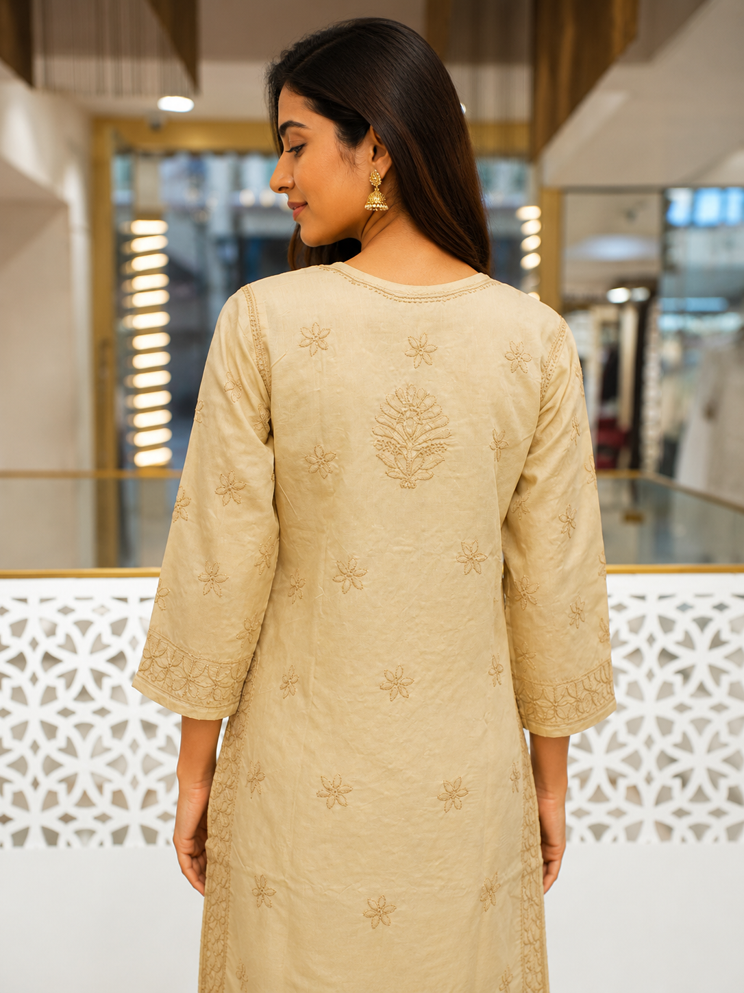 Ada Hand Embroidered Fawn Cotton Lucknowi Chikankari Straight Kurta A011143