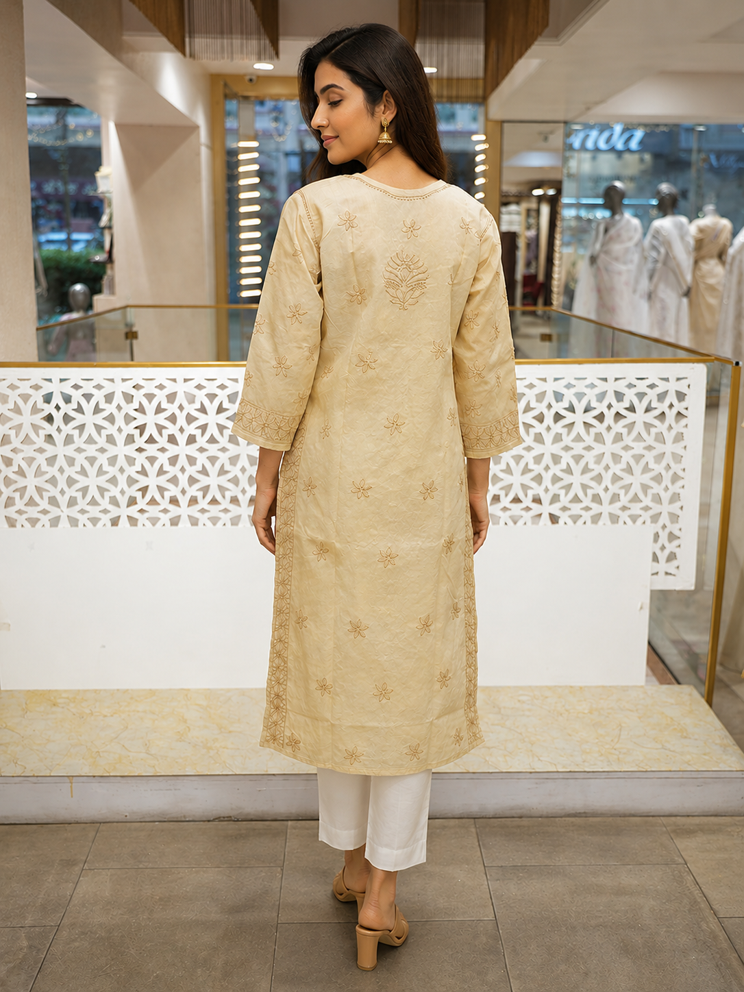 Ada Hand Embroidered Fawn Cotton Lucknowi Chikankari Straight Kurta A011143