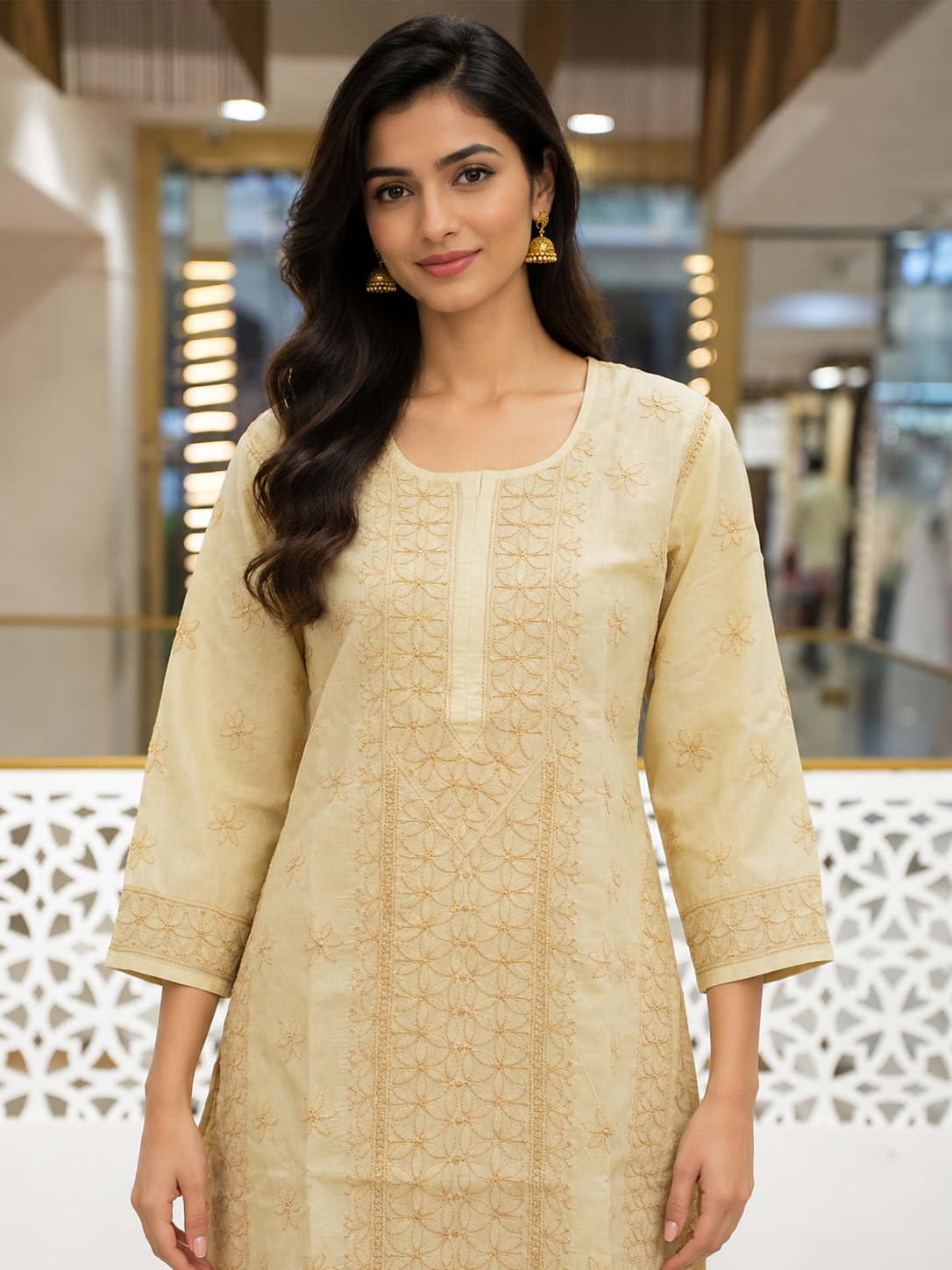 Ada Hand Embroidered Fawn Cotton Lucknowi Chikankari Straight Kurta A011143