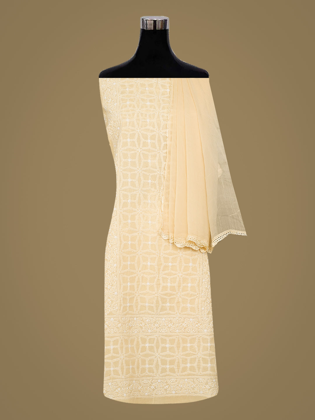 Ada Hand Embroidered Fawn Cotton Lucknowi Chikankari Unstitched Suit Piece 01A981221
