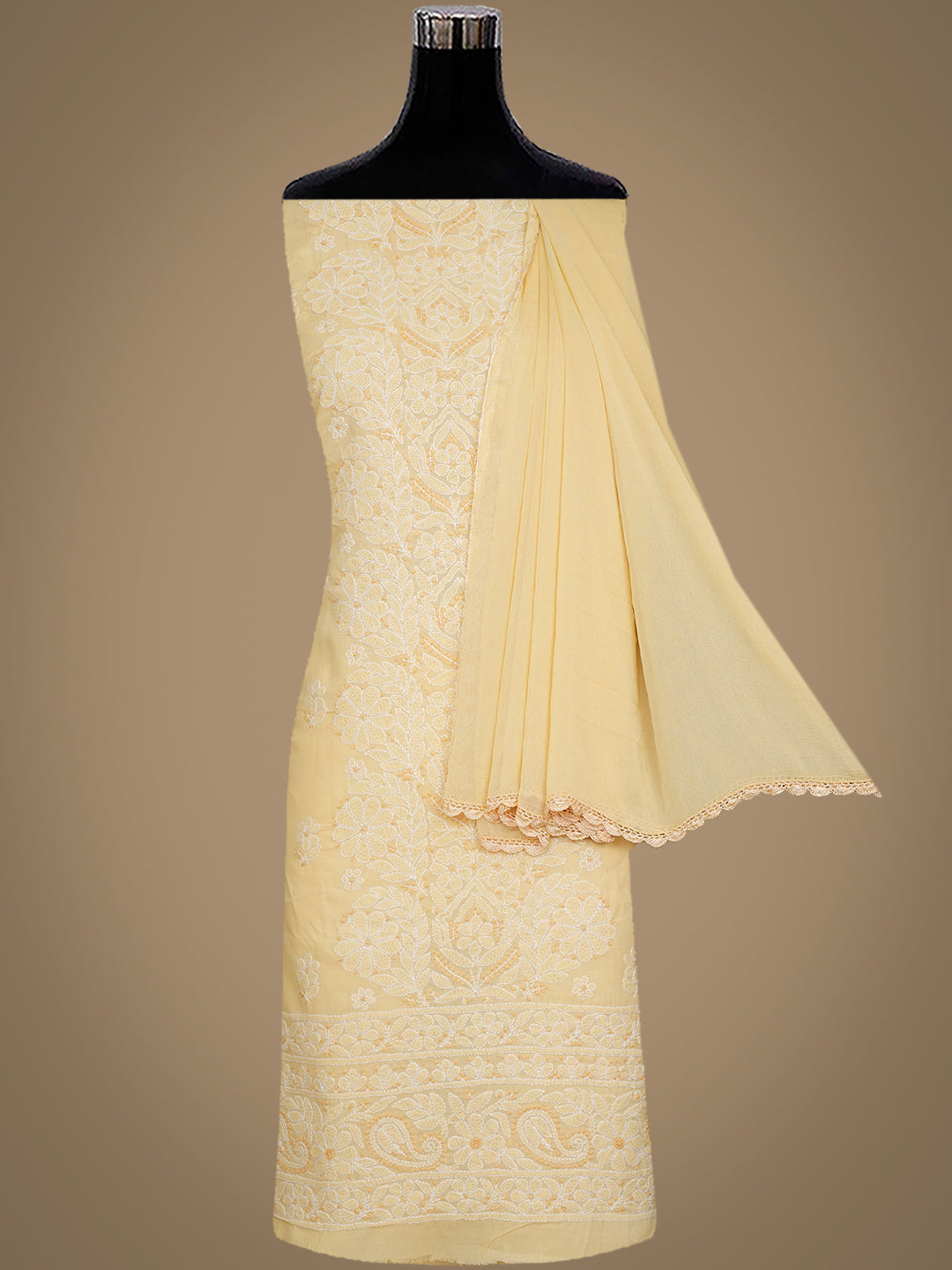 Ada Hand Embroidered Fawn Cotton Lucknowi Chikankari Unstitched Suit Piece With Chiffon Dupatta 01A1010625_4