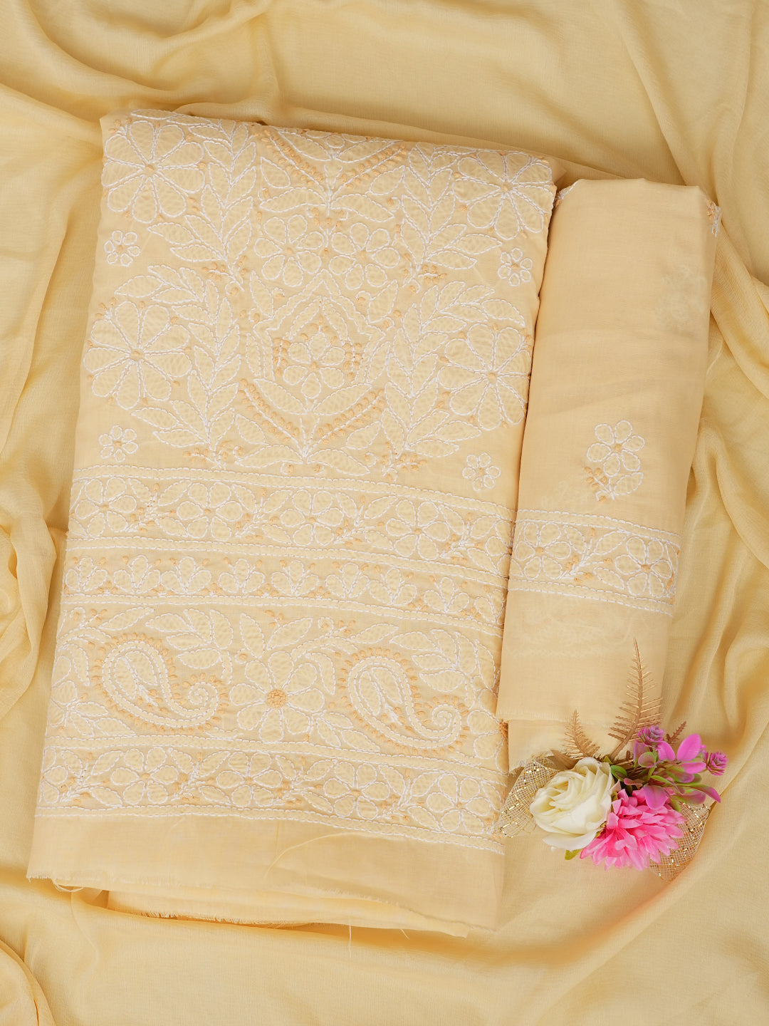 Ada Hand Embroidered Fawn Cotton Lucknowi Chikankari Unstitched Suit Piece With Chiffon Dupatta 01A1010625_1