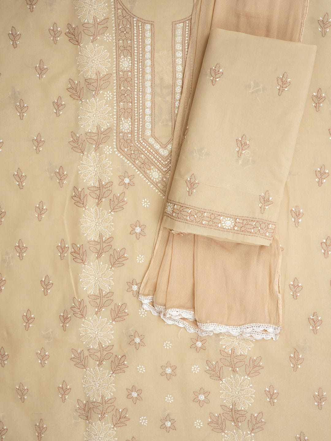Ada Hand Embroidered Fawn Cotton Lucknowi Chikankari Unstitched Suit Piece With Chiffon Dupatta 01A1025561_2