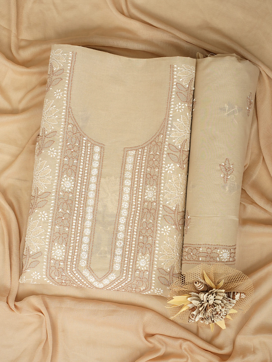 Ada Hand Embroidered Fawn Cotton Lucknowi Chikankari Unstitched Suit Piece With Chiffon Dupatta 01A1025561_1