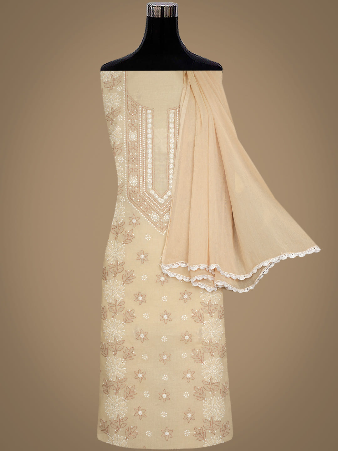 Ada Hand Embroidered Fawn Cotton Lucknowi Chikankari Unstitched Suit Piece With Chiffon Dupatta 01A1025561_3