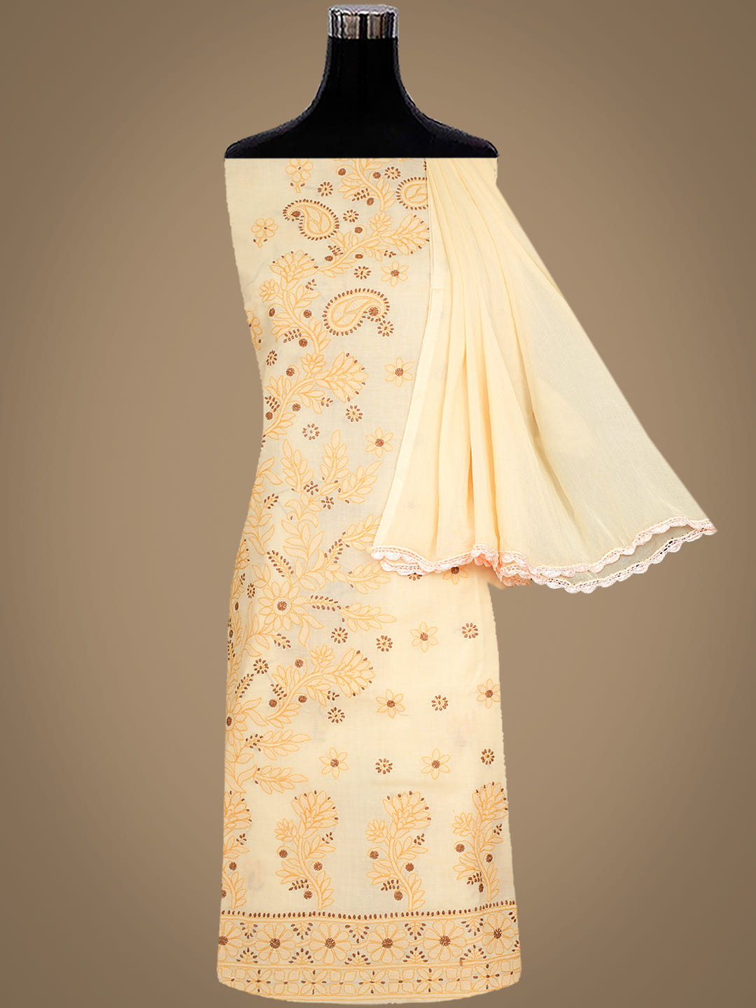 Ada Hand Embroidered Fawn Cotton Lucknowi Chikankari Unstitched Suit Piece With Chiffon Dupatta 01A1025624_2